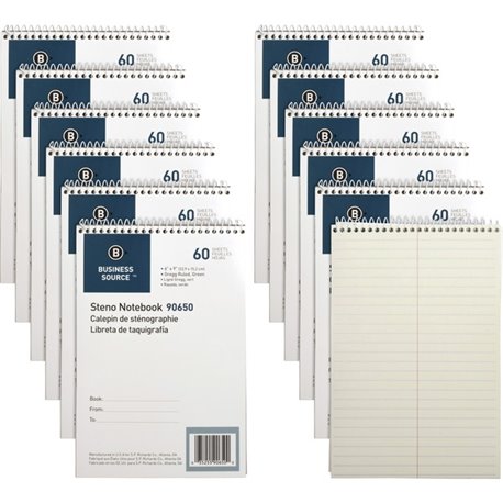 Business Source Steno Notebooks - 60 Sheets - Coilock - Gregg Ruled - 6" x 9" - Green Tint Paper - Stiff-back, Sturdy - 12 / Pac