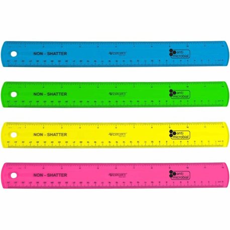 Westcott Shatterproof Ruler - 12" Length - 1/16 Graduations - Metric Measuring System - 1 Each - Translucent Assorted