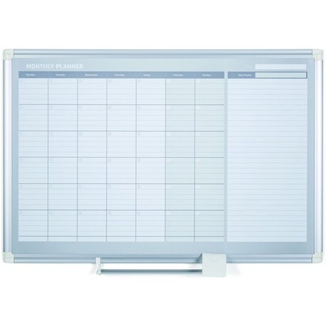 MasterVision 2' Magnetic Gold Monthly Planner - Monthly - 36" x 24" Sheet Size - White, Silver - Aluminum - Accessory Tray, Magn