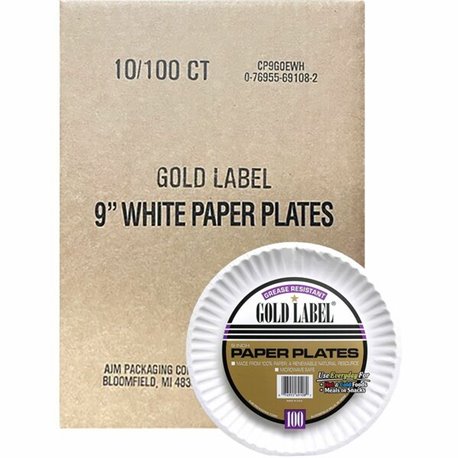 AJM 9" Dinnerware Paper Plates - 100 / Pack - Serving - Disposable - Microwave Safe - 9" Diameter - White - Paper Body - 10 / Ca