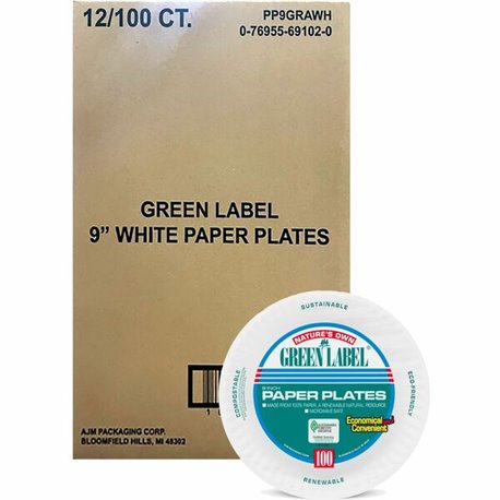 AJM 9" Green Label Economy Paper Plates - 100 / Bag - Microwave Safe - 9" Diameter - White - Paper Body - 12 / Carton