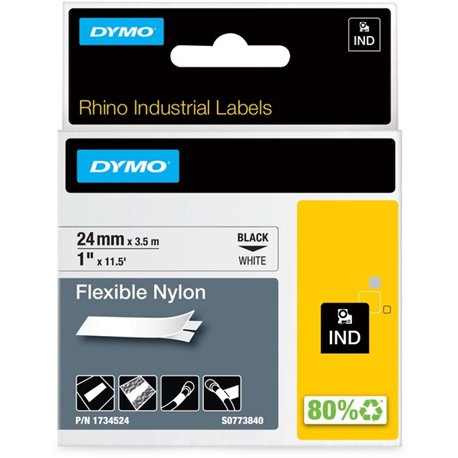 Dymo 1" Flexible Nylon Rhino Label Tape - 15/16" Width x 11 1/2 ft Length - Rectangle - Thermal Transfer - White - Nylon - 1 Eac