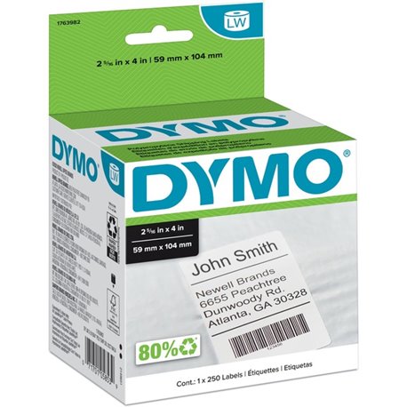 Dymo Permanent Poly Shipping Labels - 2 5/16" Width x 4" Length - Rectangle - White - Polypropylene - 250 / Roll - 1 / Roll - Te