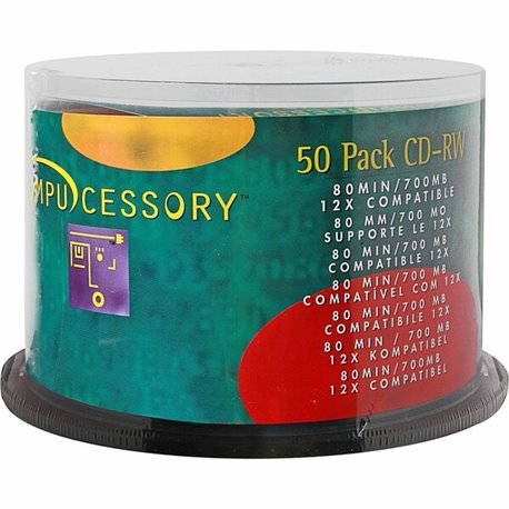 Compucessory CD Rewritable Media - CD-RW - 12x - 700 MB - 50 Pack - Silver - 120mm - 1.33 Hour Maximum Recording Time