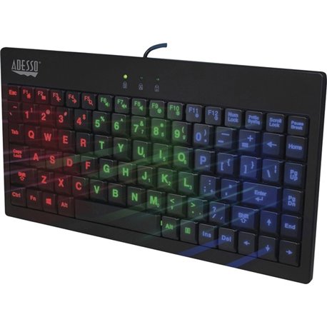 Adesso 3-Color Illuminated Mini Keyboard - Cable Connectivity - USB Interface - 87 Key - English (US) - Point of Sale (POS), Kio