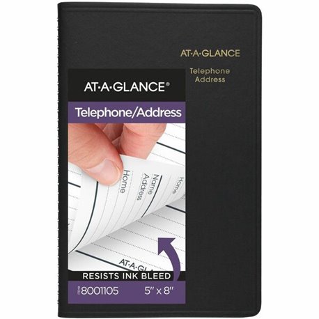 At-A-Glance Large Telephone/Address Book - Wire Bound - 5" Sheet Size - Black - Simulated Leather - 1 Each