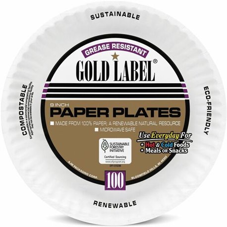 AJM 9" Dinnerware Paper Plates - Serving - Disposable - Microwave Safe - 9" Diameter - White - Paper Body - 100 / Pack