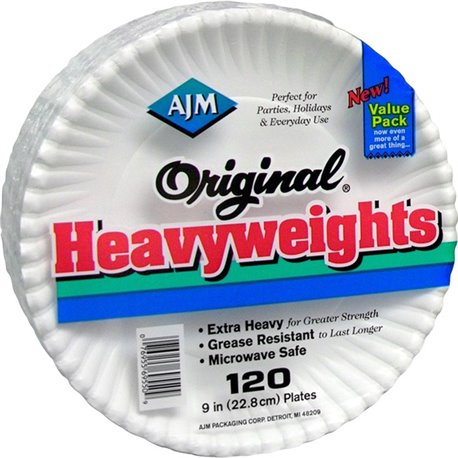 AJM 9" Original Heavyweight Plates - Serving, Reheating - Disposable - Microwave Safe - 9" Diameter - White - Paper Body - 120 /