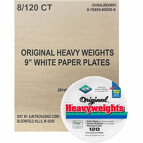 AJM 9" Original Heavyweight Plates - 120 / Pack - Serving, Reheating - Disposable - Microwave Safe - 9" Diameter - White - Paper