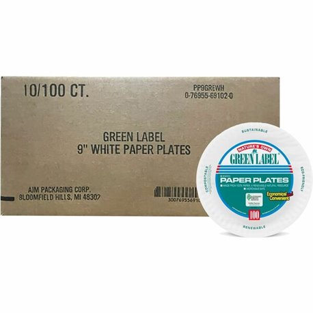 AJM Green Label 9" Economy Paper Plates - 100.0 / Pack - Microwave Safe - 9" Diameter - White - Paper Body - Round - 10 / Carton