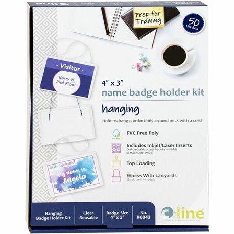 C-Line Hanging Style Name Badge Kit with White Elastic Cord - Sealed Holders with Inserts, 4 x 3, 50/BX, 96043