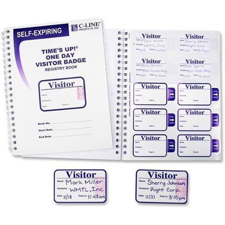 C-Line Time's Up! Self-Expiring Visitor Badges with Registry Log - One Day Badge, 3 x 2 Badge Size, 150 Badges and Log Book/BX, 