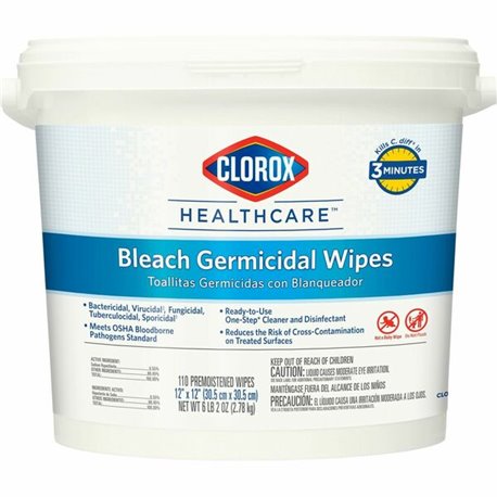 Clorox Healthcare Bleach Germicidal Wipes - Ready-To-Use - 12" Length x 12" Width - 110.0 / Bucket - 1 Each - Disinfectant - Whi