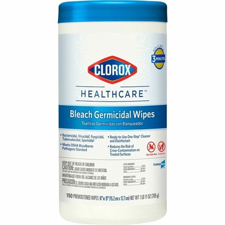 Clorox Healthcare Bleach Germicidal Wipes - For Multipurpose - Ready-To-Use - 5" Length x 6" Width - 150 / Canister - 1 Each - D