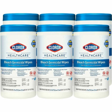 Clorox Healthcare Bleach Germicidal Wipes - For Multipurpose - Ready-To-Use - 5" Length x 6" Width - 150 / Canister - 6 / Carton