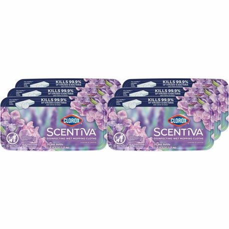 Clorox Scentiva Disinfecting Wet Mopping Cloth Refills - Lavender & Jasmine - 5.9" Width x 11.4" Length - 24 Per Pack - 6 / Cart