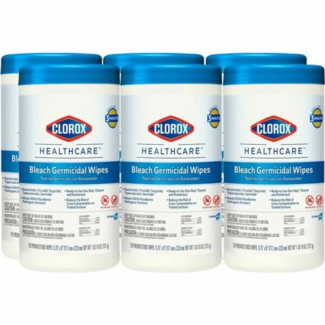 Clorox Healthcare Bleach Germicidal Wipes - Ready-To-Use - 9" Length x 6.75" Width - 70 / Canister - 6 / Carton - Disinfectant, 