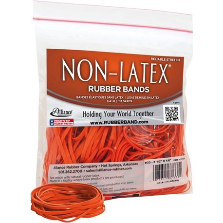 Alliance Rubber 37338 Non-Latex Rubber Bands - Size 33 - 1/4 lb. poly bag contains approx. 180 bands - 3 1/2" x 1/8" - Orange