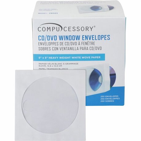 Compucessory CD/DVD White Window Envelopes - CD/DVD - 5" Width x 5" Length - 250 / Box - White