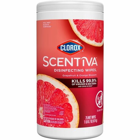 Clorox Scentiva Wipes, Bleach Free Cleaning Wipes - Ready-To-Use - Tahitian Grapefruit Splash Scent - 75 / Tub - 1 Each - Bleach