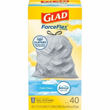 Glad ForceFlex Tall Kitchen Drawstring Trash Bags - Fresh Clean with Febreze Freshness - 13 gal Capacity - 24" Width x 27.38" Le