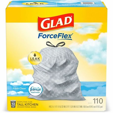 Glad ForceFlex Tall Kitchen Drawstring Trash Bags - Fresh Clean with Febreze Freshness - 13 gal Capacity - 23.75" Width x 25.38"