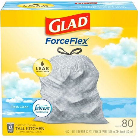 Glad ForceFlex Tall Kitchen Drawstring Trash Bags - Fresh Clean with Febreze Freshness - 13 gal Capacity - 0.78 mil (20 Micron) 