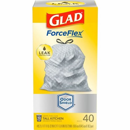 Glad ForceFlex Tall Kitchen Drawstring Trash Bags - OdorShield - 13 gal Capacity - 23.74" Width x 24.88" Length - 0.72 mil (18 M