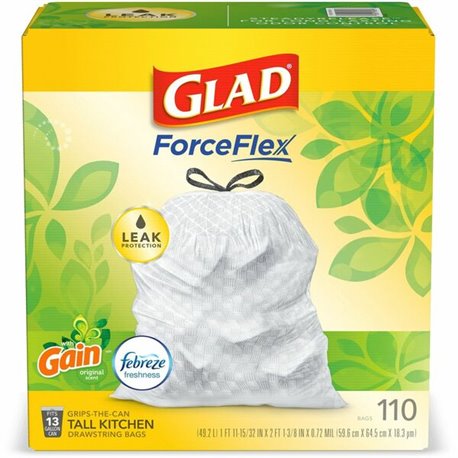 Glad ForceFlex Tall Kitchen Drawstring Trash Bags - Gain Original with Febreze Freshness - 13 gal Capacity - 25.38 ft Width x 33