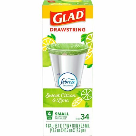 Glad Small Kitchen Drawstring Trash Bags - Febreze Sweet Citron & Lime - 4 gal Capacity - Drawstring Closure - Green - 34/Box - 