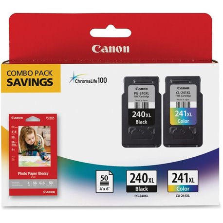 Canon PG-240XL/CL-241XL/GP-502 Original High Yield Inkjet Ink Cartridge/Paper Kit - Combo Pack - Black, Tri-color - 2 / Pack - I