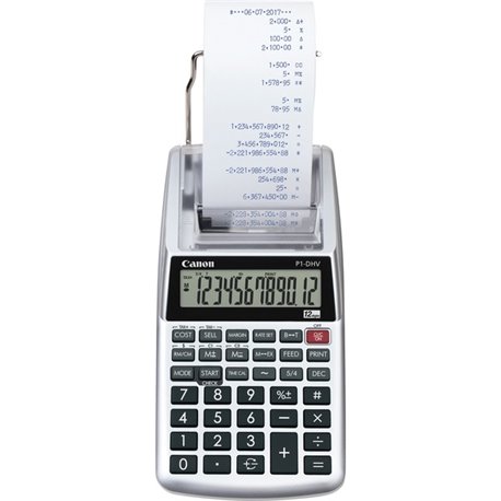 Canon P1DHV3 Compact Printing Calculator - Sign Change, Built-in Memory, Item Count, Clock, Calendar - 12 Digits - 1.6" x 3.9" x