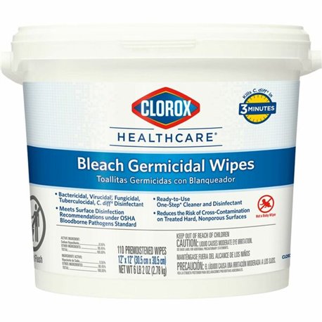 Clorox Healthcare Bleach Germicidal Wipes - Ready-To-Use - 12" Length x 12" Width - 110.0 / Bucket - 1 Each - Disinfectant - Whi
