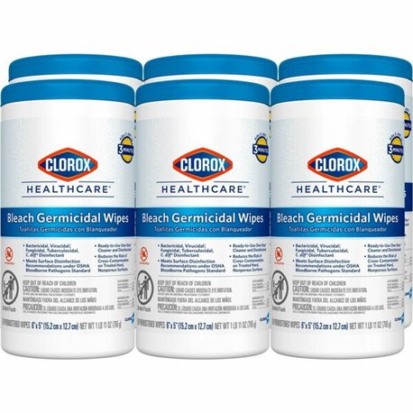 Clorox Healthcare Bleach Germicidal Wipes - For Multipurpose - Ready-To-Use - 5" Length x 6" Width - 150 / Canister - 6 / Carton