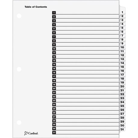 Cardinal OneStep Daily Index System - 31 x Divider(s) - Printed Tab(s) - Digit - 1-31 - 31 Tab(s)/Set - 9" Divider Width x 11" D