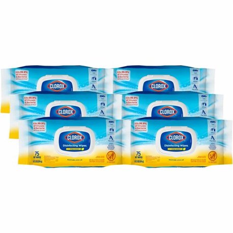 Clorox Disinfecting Cleaning Wipes - Crisp Lemon Scent - 75 / Flex Pack - 600 / Pallet - Bleach-free, Antibacterial - White
