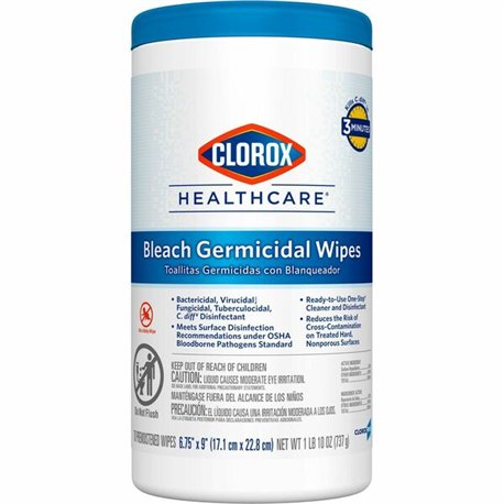 Clorox Healthcare Bleach Germicidal Wipes - Ready-To-Use - 9" Length x 6.75" Width - 70 / Canister - 1 Each - Disinfectant, Anti