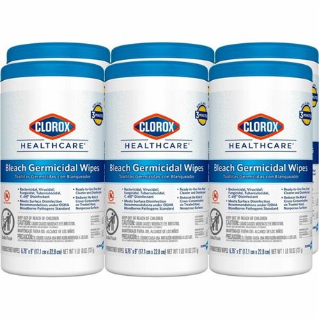 Clorox Healthcare Bleach Germicidal Wipes - Ready-To-Use - 9" Length x 6.75" Width - 70 / Canister - 6 / Carton - Disinfectant, 