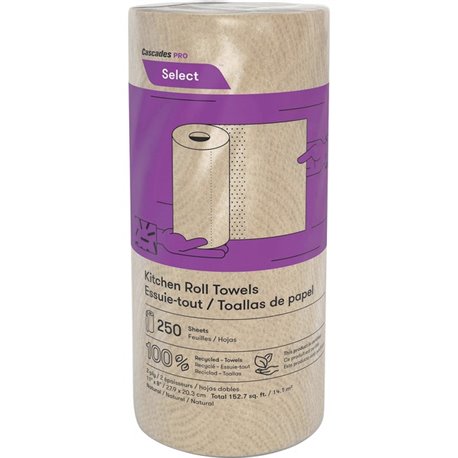 Cascades PRO Select Kitchen Roll Towels - 2 Ply - 11" x 8" - 250 Sheets/Roll - Nature - 12 / Carton