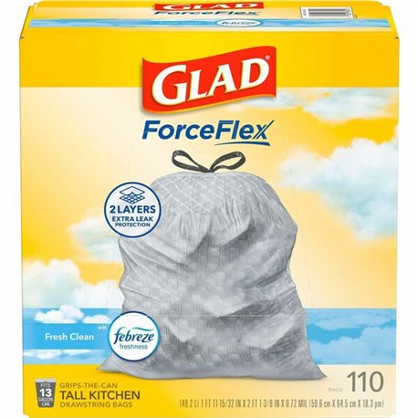 Glad ForceFlex Tall Kitchen Drawstring Trash Bags - Fresh Clean with Febreze Freshness - 13 gal Capacity - 23.75" Width x 25.38"