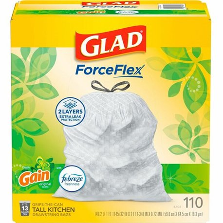 Glad ForceFlex Tall Kitchen Drawstring Trash Bags - Gain Original with Febreze Freshness - 13 gal Capacity - 25.38 ft Width x 33