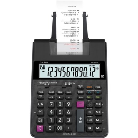 Casio HR-170RC Printing Calculator - Dual Power, Two-color Printing, Easy-to-read Display, Sign Change, Compact - 12 Digits - LC