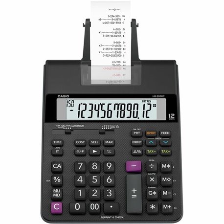 Casio HR-200RC Printing Calculator - Two-color Printing, Large Display, Dual Power - 12 Digits - 2.3" x 7.8" x 10.8" - Black - 1