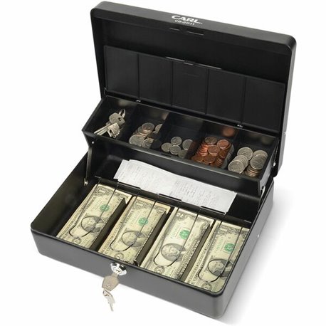 CARL Bill Slots Steel Security Cash Box - 4 Bill - 5 Coin - Steel - Black - 3.5" Height x 10" Width x 7" Depth