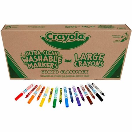 Crayola 8-Color Combo Large Crayon/Washable Marker Classpack - Red, Yellow, Green, Blue, Orange, Violet, Brown, Black Ink - Red,