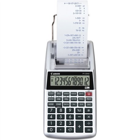 Canon P1DHV3 Compact Printing Calculator - Sign Change, Built-in Memory, Item Count, Clock, Calendar - 12 Digits - 1.6" x 3.9" x
