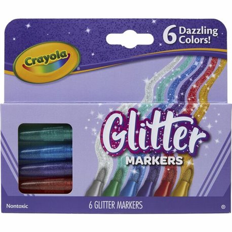 Crayola 6 Color Glitter Markers - Bullet Marker Point Style - Fire Flecks, Gold Dust, Violet Glitz, Emerald Zest, Blue Blazes, S