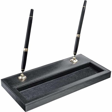 Dacasso Double Pen Stand with Gold Accent - 1" x 11.12" - Leather - Black