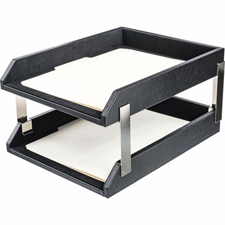 Dacasso Classic Leather Double Letter Trays - Desktop - Black - Top Grain Leather, Velveteen - 1 Each