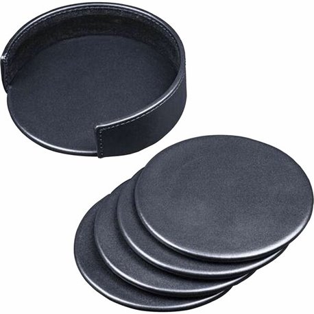 Dacasso Coaster with Holder - 4 Coaster of 4" Diameter - Circle - Black - Leather - 1 Set